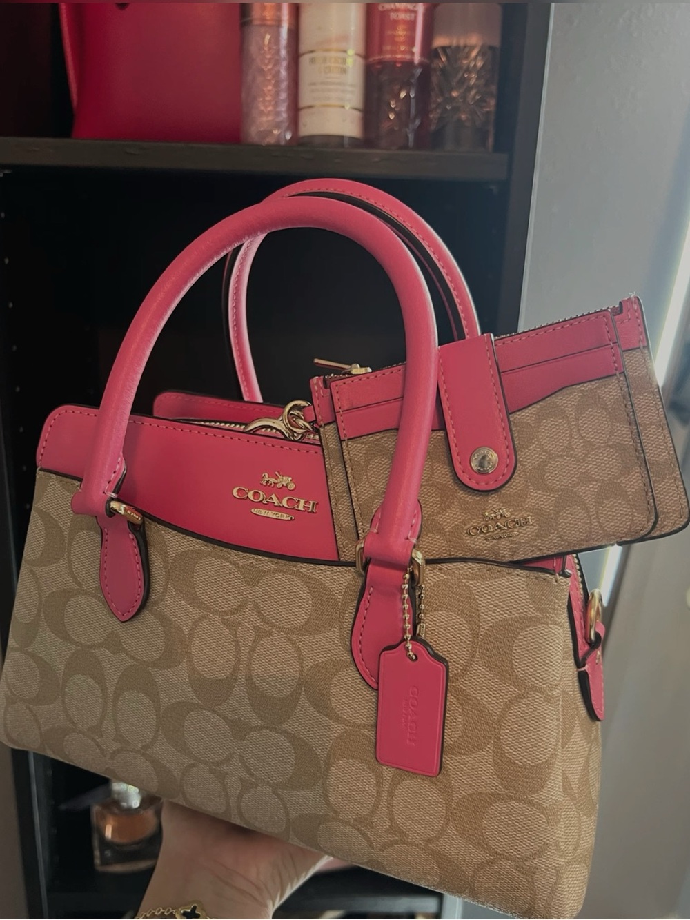 Coach Signature Canvas Satchel with Pink Leather Trim -Both bag and Wallet